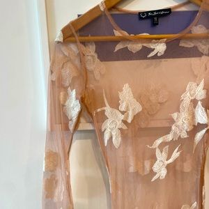 For Love & Lemons Sheer and Cream Appliqué Maxi Dress with long sleeves